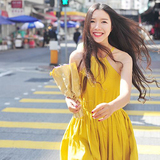 韩国 夏季学院风自制修身显瘦麻棉麻性感挂脖露肩连衣裙