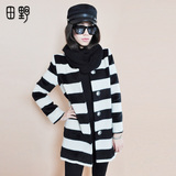 2015秋冬装新款韩版圆领黑白条纹羊毛呢外套呢子大衣女中长款加厚