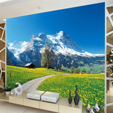 现代简约大型壁画 雪山自然风景卧室客厅电视背景墙壁纸油菜花卉