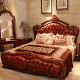 欧式大床 卧室真皮床 实木床 1.8米双人床奢华婚床 深色古典雕花