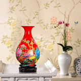 景德镇陶瓷器 中国红花瓶荷花描金 结婚礼品 家居工艺品摆件