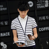 2016夏季新款男装韩版短袖衬衫领修身条纹T恤青年假两件V领上衣