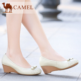 Camel/骆驼女鞋甜美羊皮圆头浅口坡跟单鞋 舒适真皮夏季女士鞋子