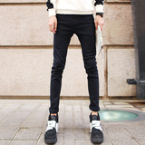夏季韩版修身款男士牛仔裤小脚潮流青年直筒薄款黑色型春秋长裤子