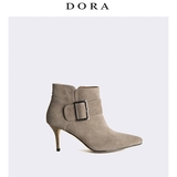 【DORA】英伦牛皮马丁靴性感细跟高跟鞋尖头短靴皮带扣及踝靴新款