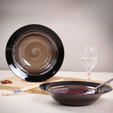 日式家用创意餐具 装菜盘 圆盘 黑色深盘 个性圆形汤盘 陶瓷盘子