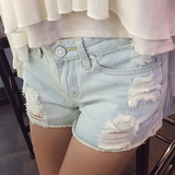 韩版夏季女装新款性感磨破浅色牛仔短裤女低腰毛边修身显瘦热裤子