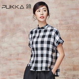 Pukka/蒲牌2016夏装新款原创设计女装棉麻宽松短袖格子翻领衬衫