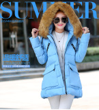 新款2015冬季女装韩版大口袋中长款毛领羽绒棉衣纯色棉袄外套
