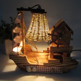 木屋风车音乐帆船台灯 创意八音盒原木环保小夜灯 手工工艺品