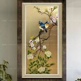 手绘中式工笔花鸟金箔油画客厅单幅有框玄关装饰画 走廊 现代简约