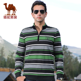 骆驼男装 2015春款纯棉针织衫 男士商务休闲条纹门筒领长袖T恤