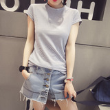 夏季韩版休闲女衫修身女款学生打底衫体桖蓝白细条纹短袖t恤上衣