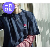 2016韩国ulzzang原宿宽松条纹拼接假两件玫瑰刺绣套头情侣长袖T恤