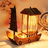 创意复古木质小屋帆船工艺台灯 纯手工木质床头台灯 个性工艺礼品
