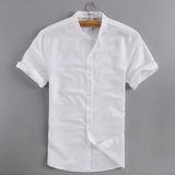 小清新男土亚麻短袖衬衫韩版修身型白色薄款上衣立领棉麻料衬衣男