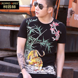 夏季中国风男装老虎印花短袖t恤男 韩版修身半袖个性潮流体恤衣服