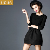 UC＆UG2016春装新款七分袖公主裙女装时尚名媛显瘦气质黑色连衣裙