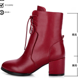 品牌女鞋头层牛皮黑红两色方跟高跟短靴子骑士靴子特价绑带侧拉链