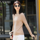 Amii艾米旗舰店女装2016秋季新款修身撞色条纹高领针织毛衣打底衫
