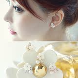 韩版18K玫瑰金小清新花朵单钻珍珠耳钉女日韩国彩金耳饰气质耳环