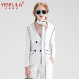 白色小西装外套修身双排扣性感V领白富美女装套装西服白领气质
