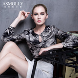 Asmolly女装2016夏新款印花长袖真丝衬衫宽松气质短款桑蚕丝上衣