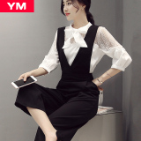YM品牌女装新款欧洲站2016春装韩版两件套套装衬衫上衣背带裤长裤