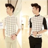 夏装新款韩版男士修身七分袖衬衫男式潮流格子短袖衬衣男雪纺寸衫