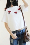 2016夏季新款圆领修身短袖韩版纯色玫瑰花刺绣中袖T恤女上衣短款