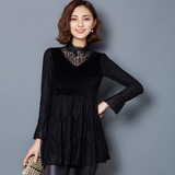 2015冬季新款韩版长袖立领中长款加绒蕾丝衫女宽松大码裙摆打底衫