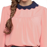 powersweet2016夏新款甜美波浪娃娃领衬衫 粉红雪纺衫长袖女装上