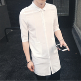 夏时尚韩版男士发型师修身百搭中长款打底夜店潮男走秀款短袖衬衫