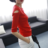 2016韩版春夏新款七分袖针织衫 套头露肩上衣修身纯色薄款毛衣女