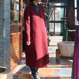 原创秋冬新款棉麻复古中长款民族风女装改良中式亚麻宽松棉衣外套
