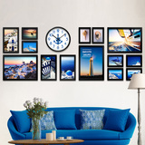 实木照片背景墙相框组合钟创意客厅卧室地中海有框画装饰画大尺寸