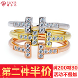 双T开口字母戒指环925纯银镀18k白金玫瑰金简约日韩版时尚戒指 女