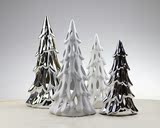 简约现代陶瓷电镀银色 白色镂空圣诞树大树烛台 家居软装饰品摆设