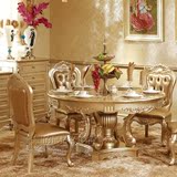 欧式天然大理石餐桌 土豪金实木餐台 餐桌椅组合金色饭桌一桌六椅