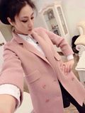 2015秋冬新款高端手缝双面羊绒大衣修身长袖女式韩版粉色毛呢外套