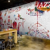 大型潮流涂鸦吉他壁画舞蹈室音乐室酒吧壁纸复古砖纹餐厅KTV墙纸