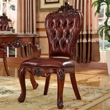 欧式实木雕花餐椅 新古典饭桌椅 美式别墅椅子 头层牛皮高档餐椅
