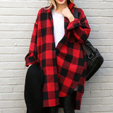 韩国代购2016春装新款宽松毛呢外套女中长款红色格子长袖时尚大衣
