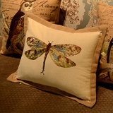 美式乡村蜻蜓抱枕单人沙发靠垫床头靠枕腰枕棉麻刺绣花靠背含芯