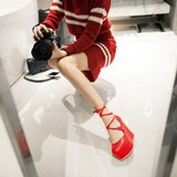 厚底松糕交叉绑带显瘦原宿日系红色软妹芭蕾鞋单鞋圆头坡跟女鞋
