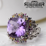 唯 时时银妆*泰国进口925手工纯银饰品 天然紫水晶蓝宝石复古戒指