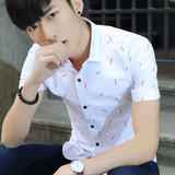 男装夏季装潮流时尚韩版修身帅气百搭印花短袖衬衫衣青年半袖薄款