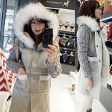 韩国代购2015秋冬新款韩版甜美修身中长款羊羔毛鹿皮绒棉外套女潮