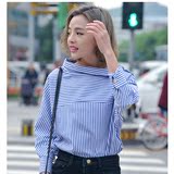 韩国代购东大门2016春季新款女装衬衣宽松显瘦一字领翻领条纹衬衫