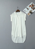 外贸原单女装夏季新款韩版宽松翻领中长款BF风白色衬衣前短后长